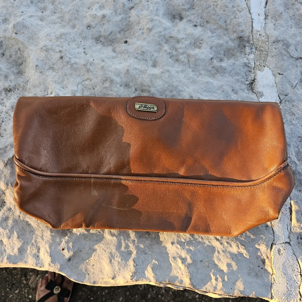 Vintage 1970s Phillippe brown leather fold over clutch bag purse luxury craftman - Picture 2 of 10
